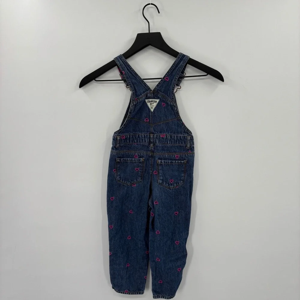 OshKosh B'gosh Heart Denim Overalls Kids 3T Blue Pink Embroidered Bib Dungarees